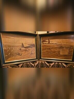 RARE Pair of Vintage Framed Wood Marquetry Seascape Art